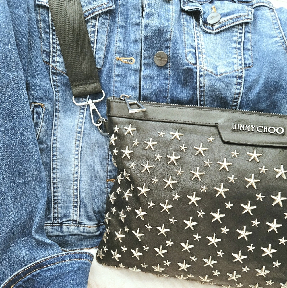 Authentic JIMMY CHOO Sky Star Studded Black Clutch Wallet WOC Crossbody Shoulder - Picture 7 of 16